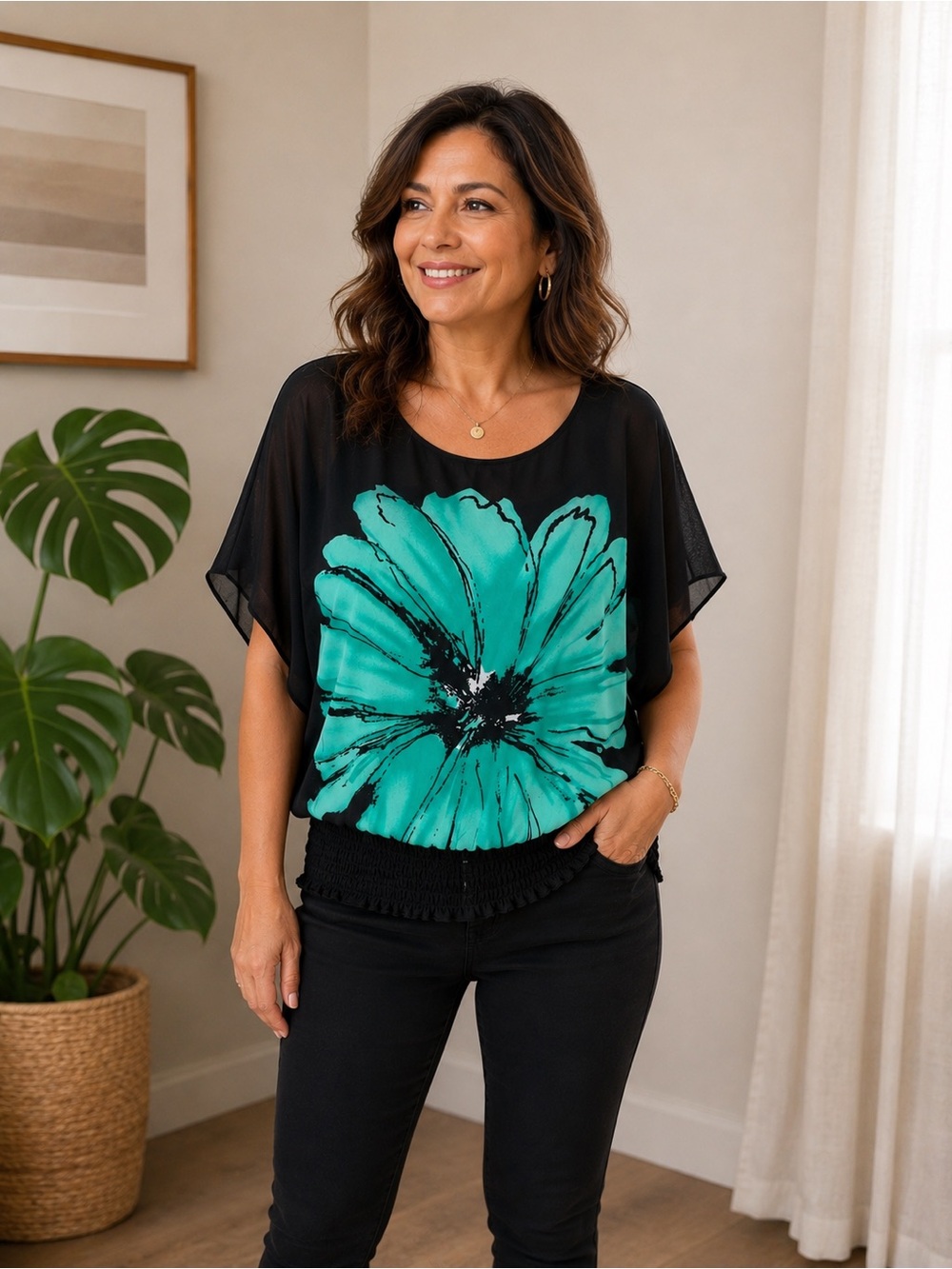 Isabella Rodriguez Black Top with Teal Floral Motif